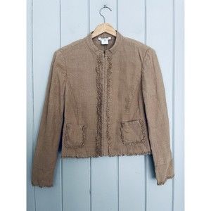 Georges Rech Synonymi Blazer Jacket 40 Brown Linen Fringe Band Collar Hook Eye
